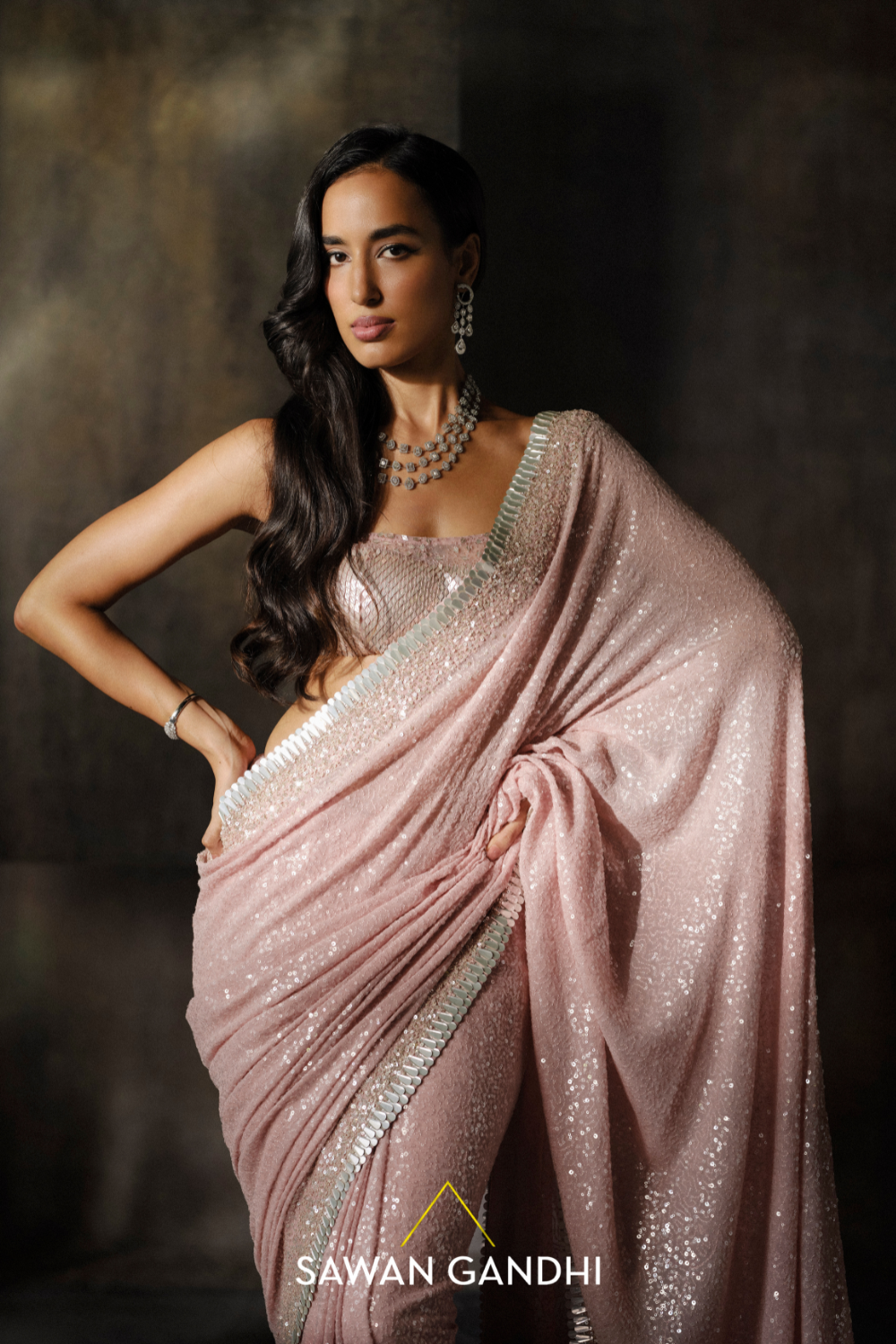 Rose Pink Sequins Saree