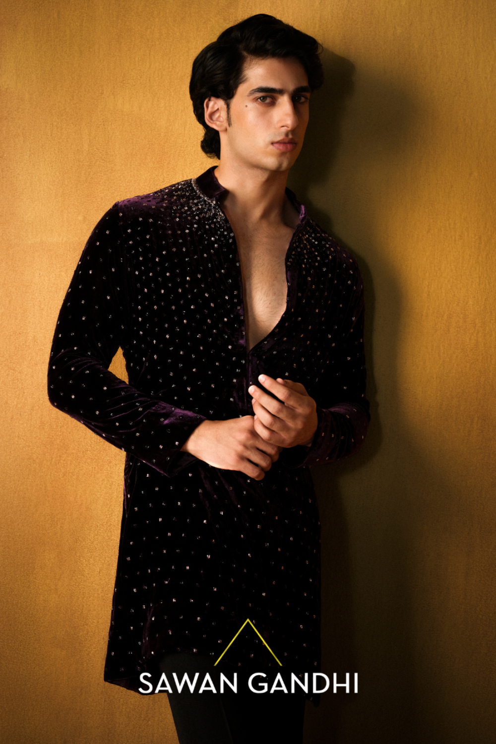 Wine Velvet Cutdana Kurta
