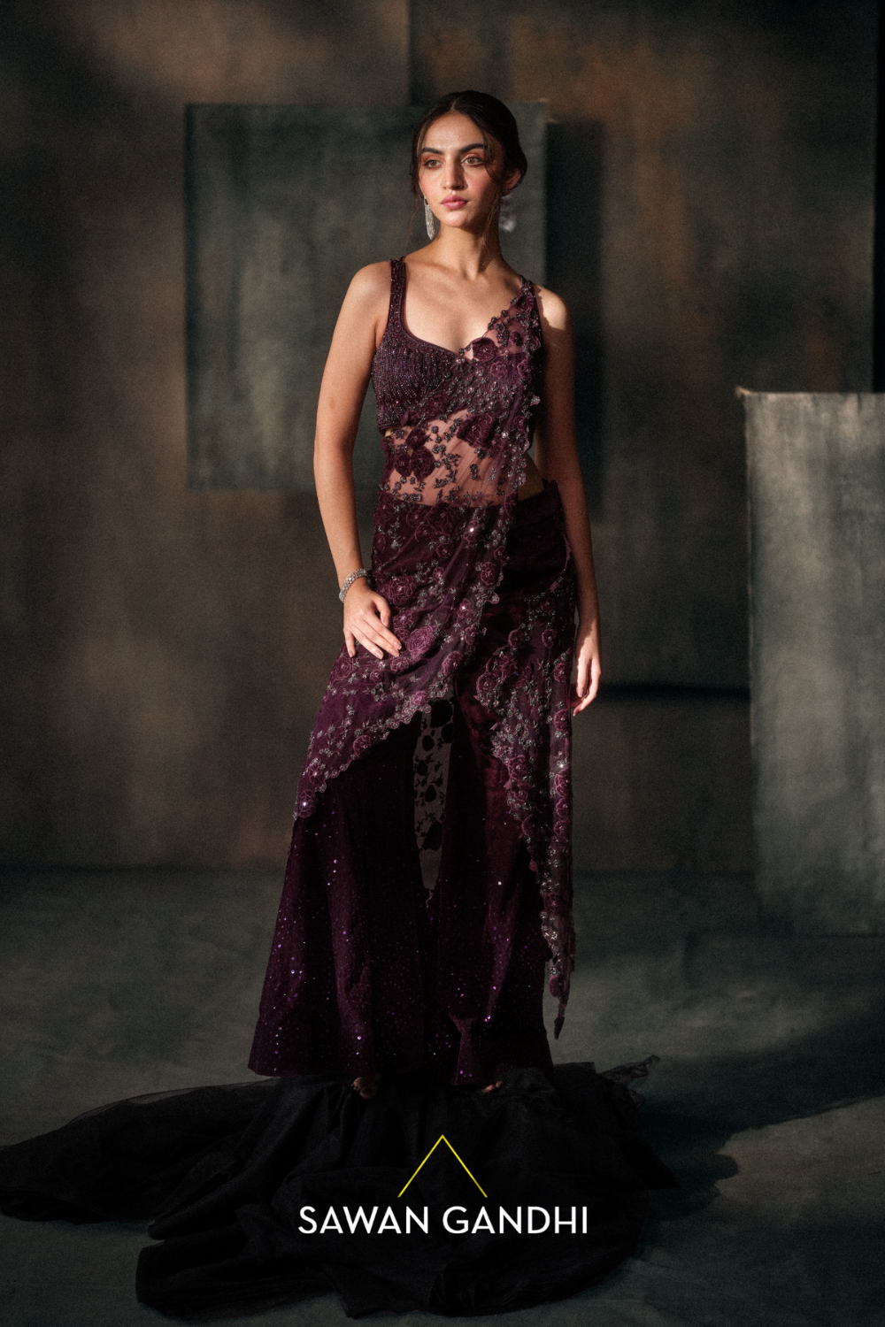 Wine Sharara Saree