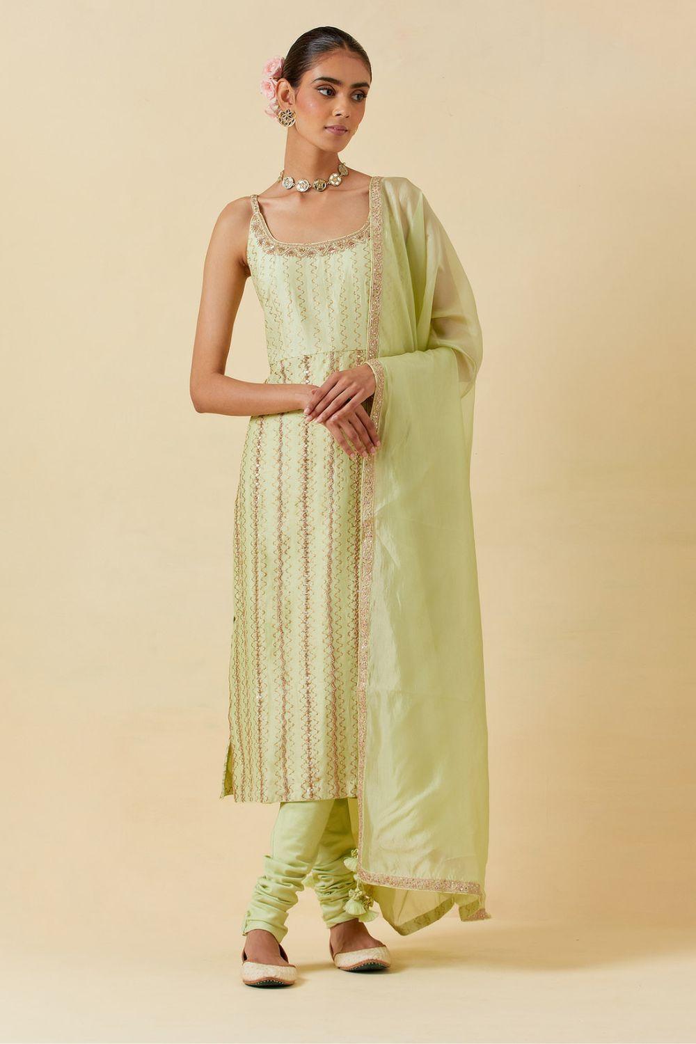 Mint Printed Kurta With Dupatta &amp; Churidar