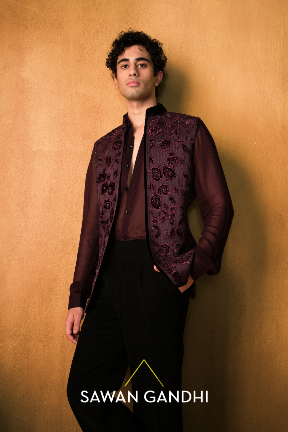 Wine Applique Work Nehru