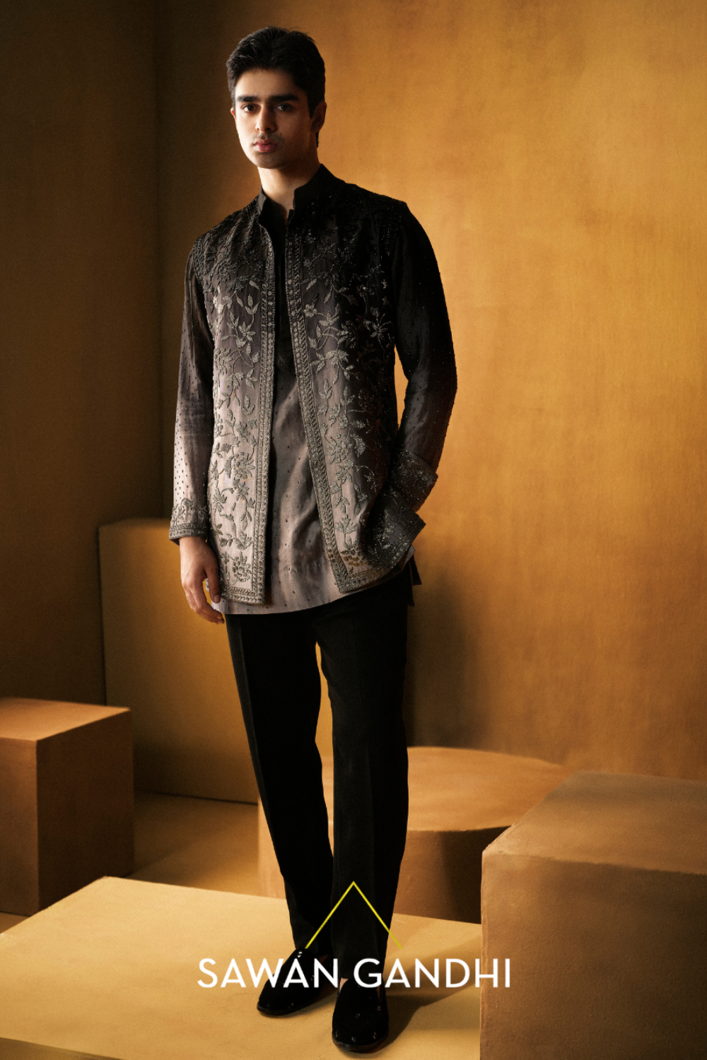 Black To Grey Cutdana Detailed Nehru