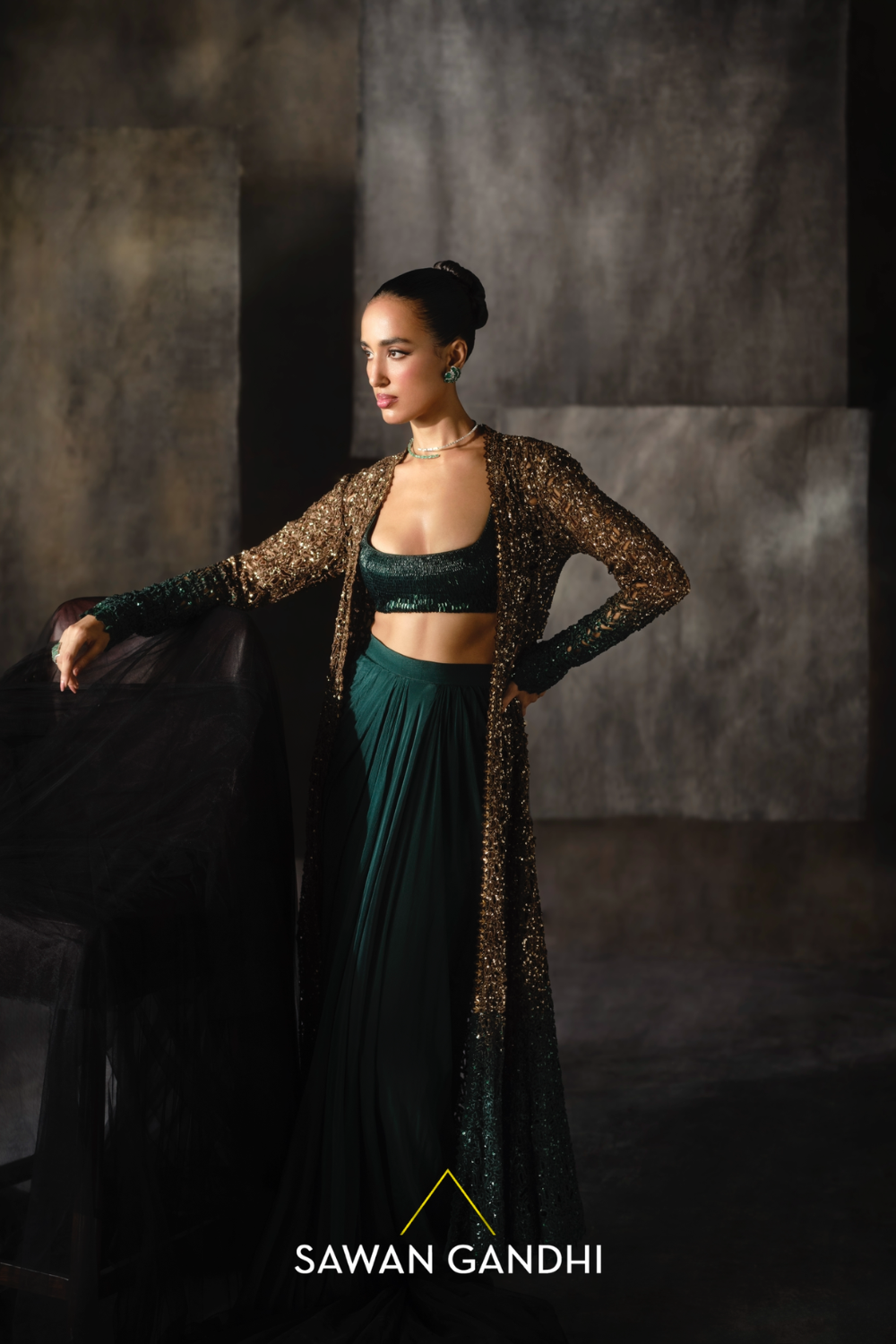 Gold To Green Cutwork Cape Set