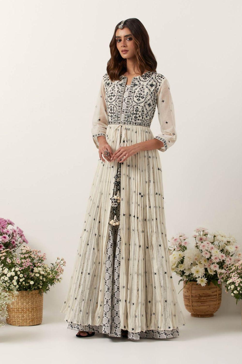 Ivory Resham &amp; Mirror Work Front Open Anarkali Set