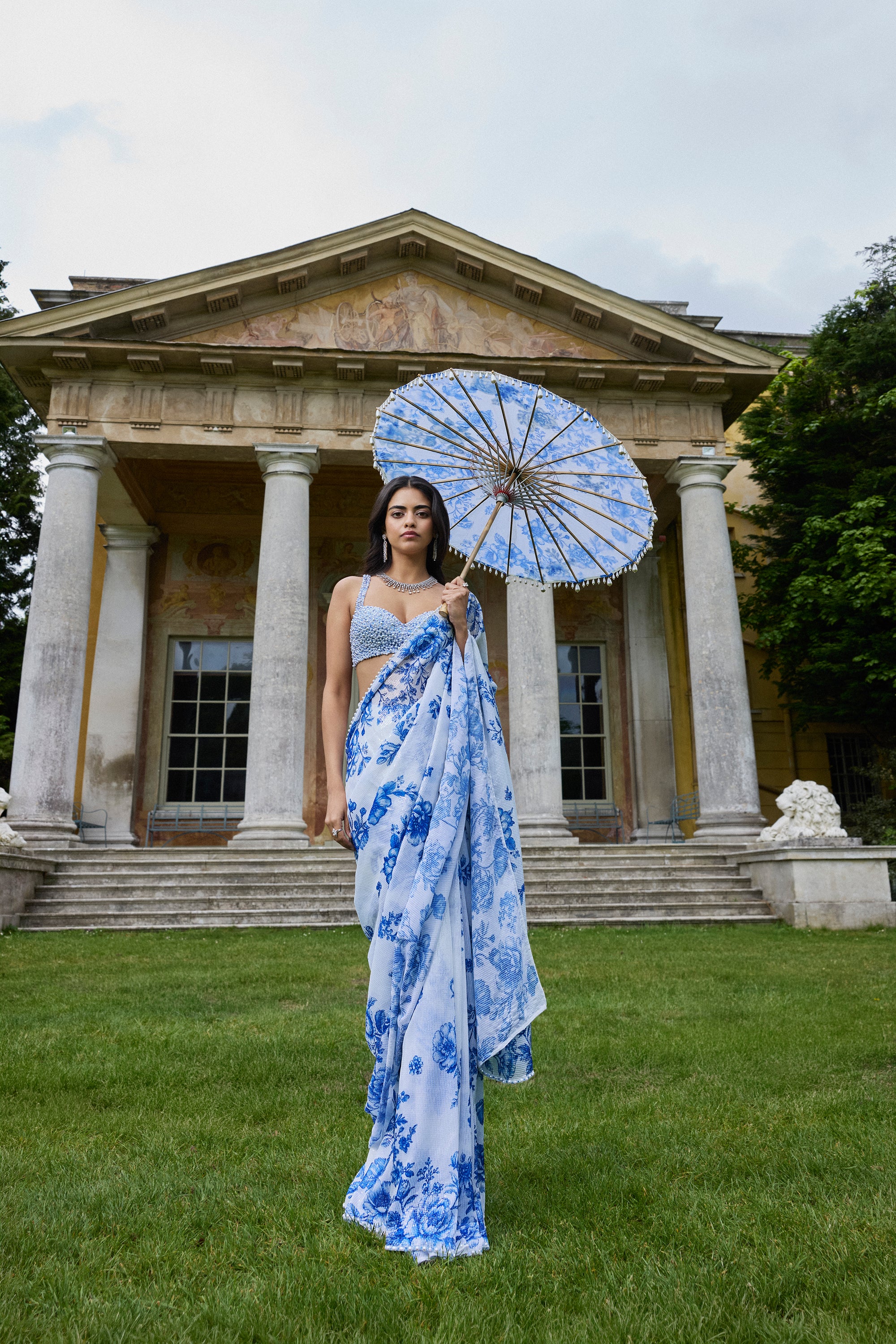 Ivory &amp; Blue Sequin Saree