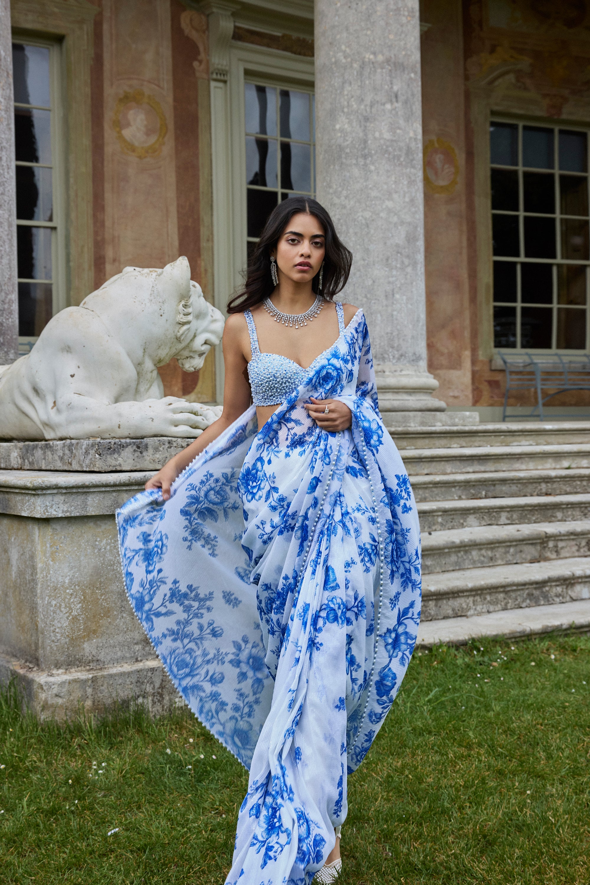 Ivory &amp; Blue Sequin Saree