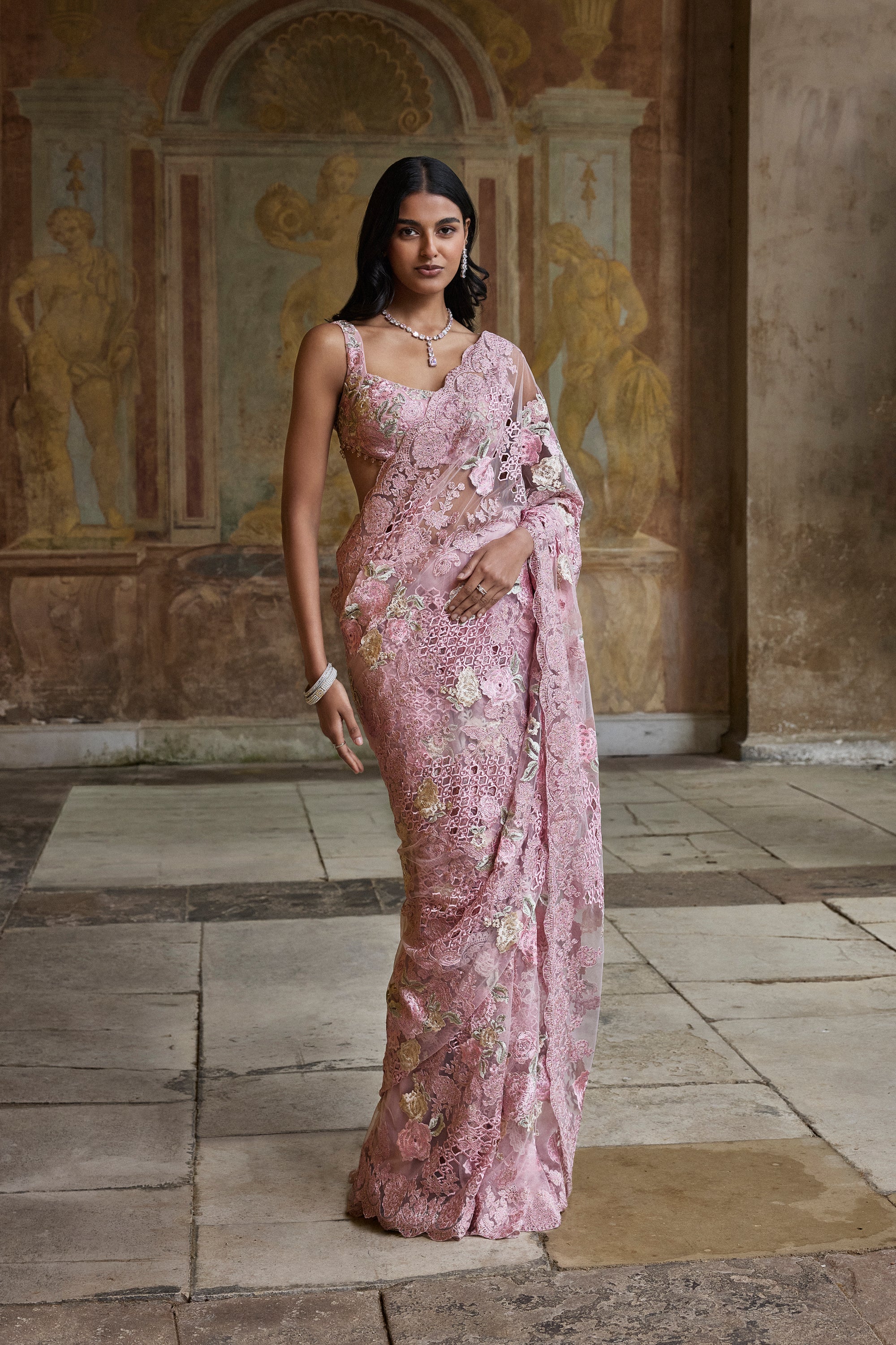 Dusty Pink Thread Work Saree