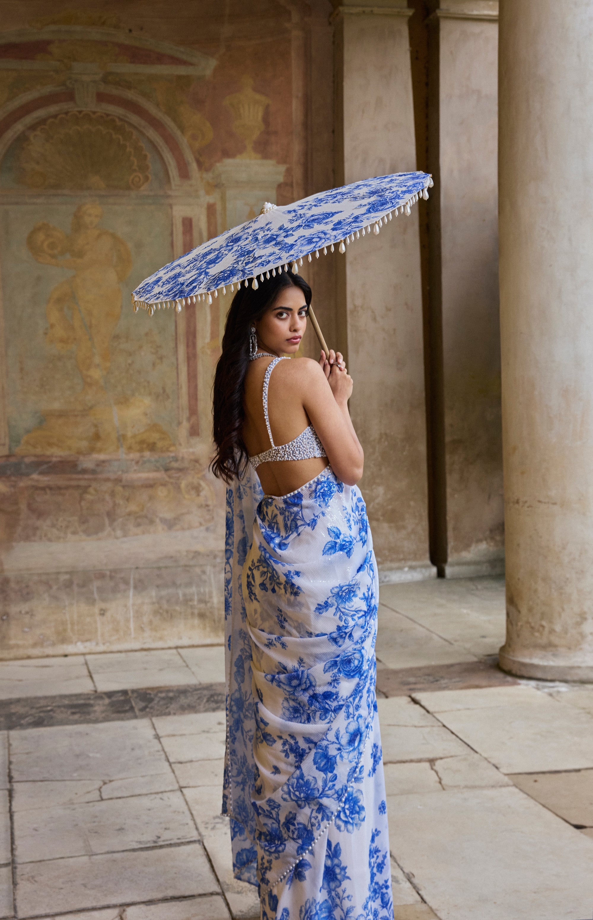 Ivory &amp; Blue Sequin Saree