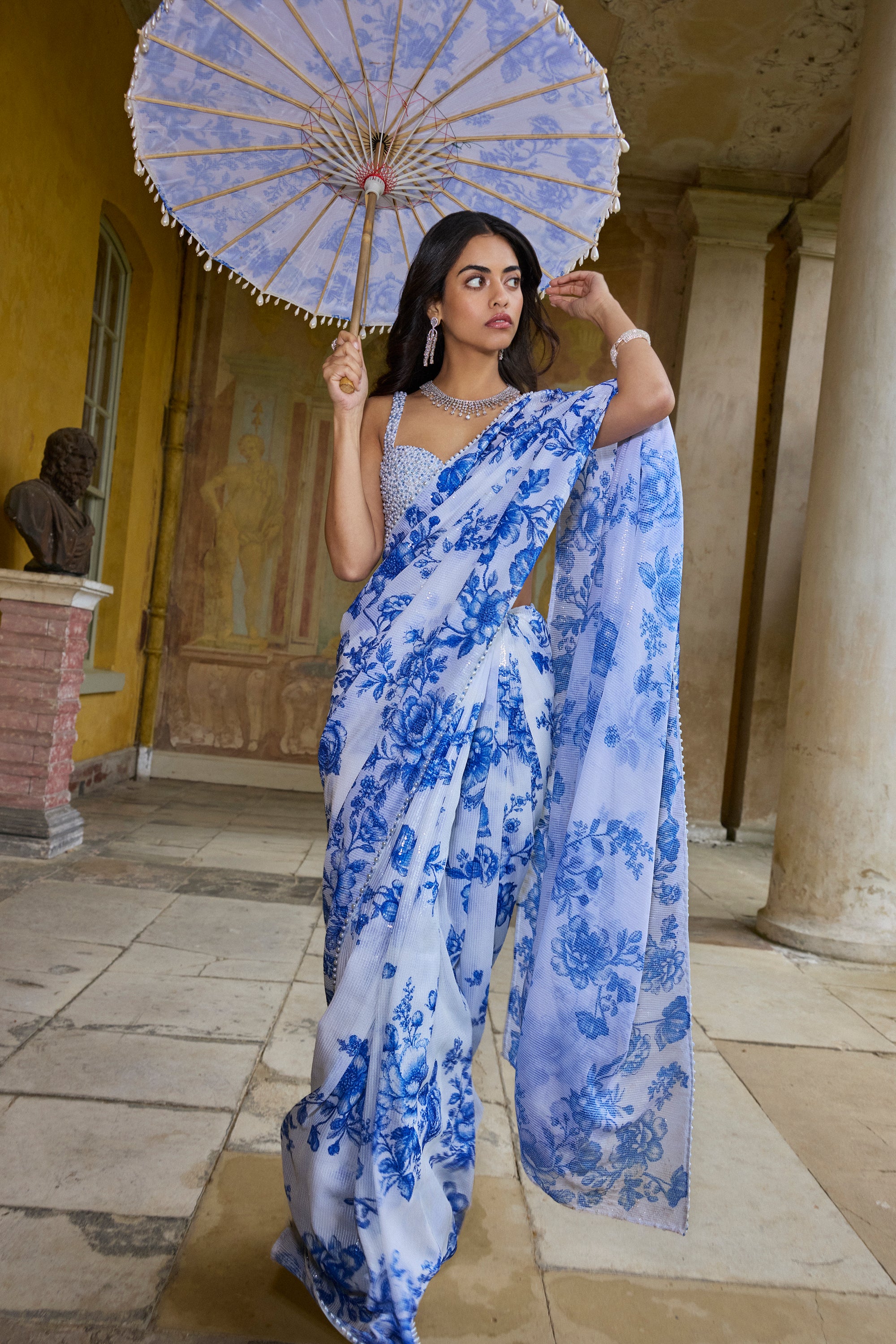 Ivory &amp; Blue Sequin Saree