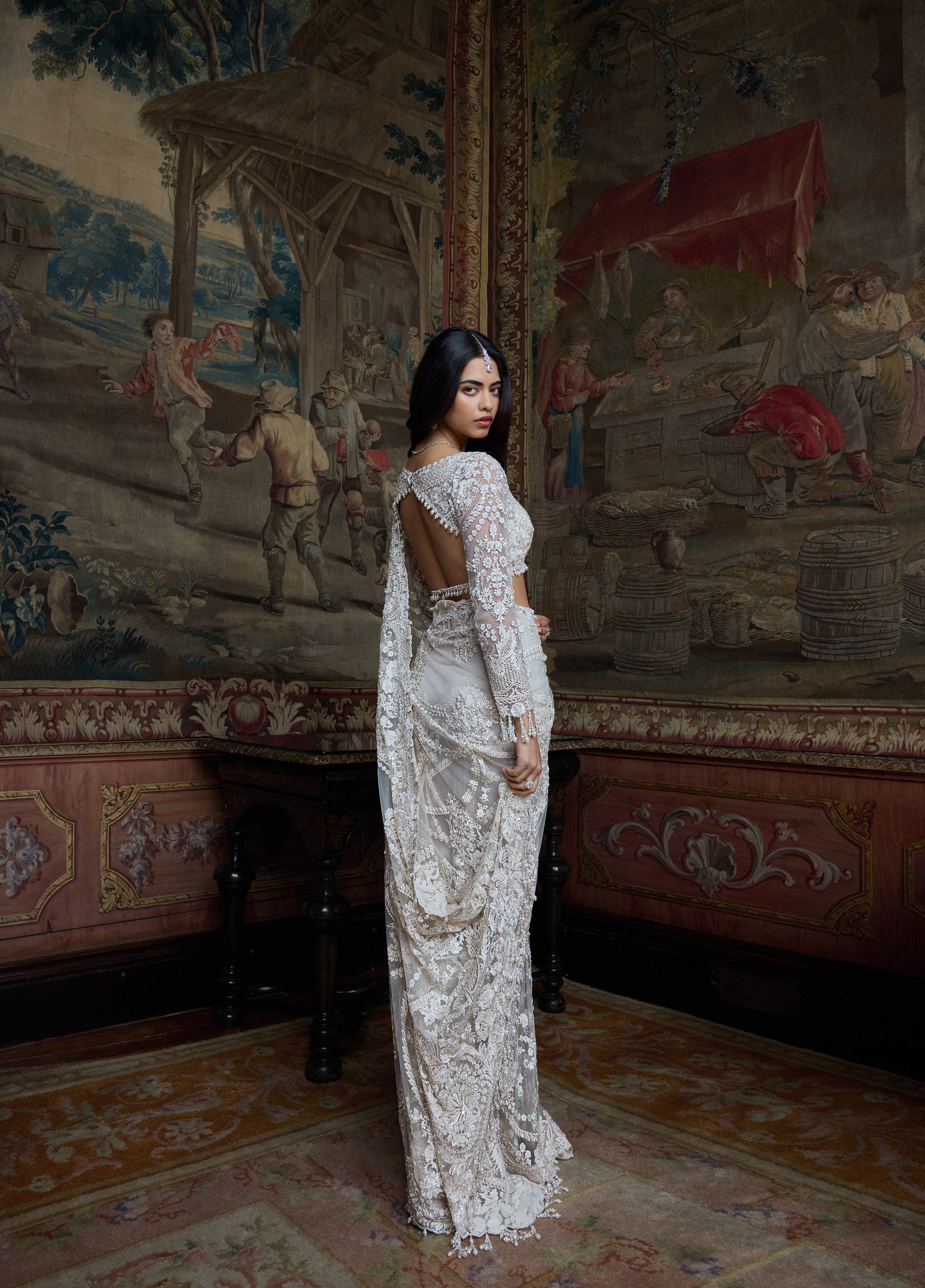 Ivory Pearl Sequin Saree