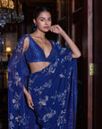 Navy Blue Floral Crystal Saree