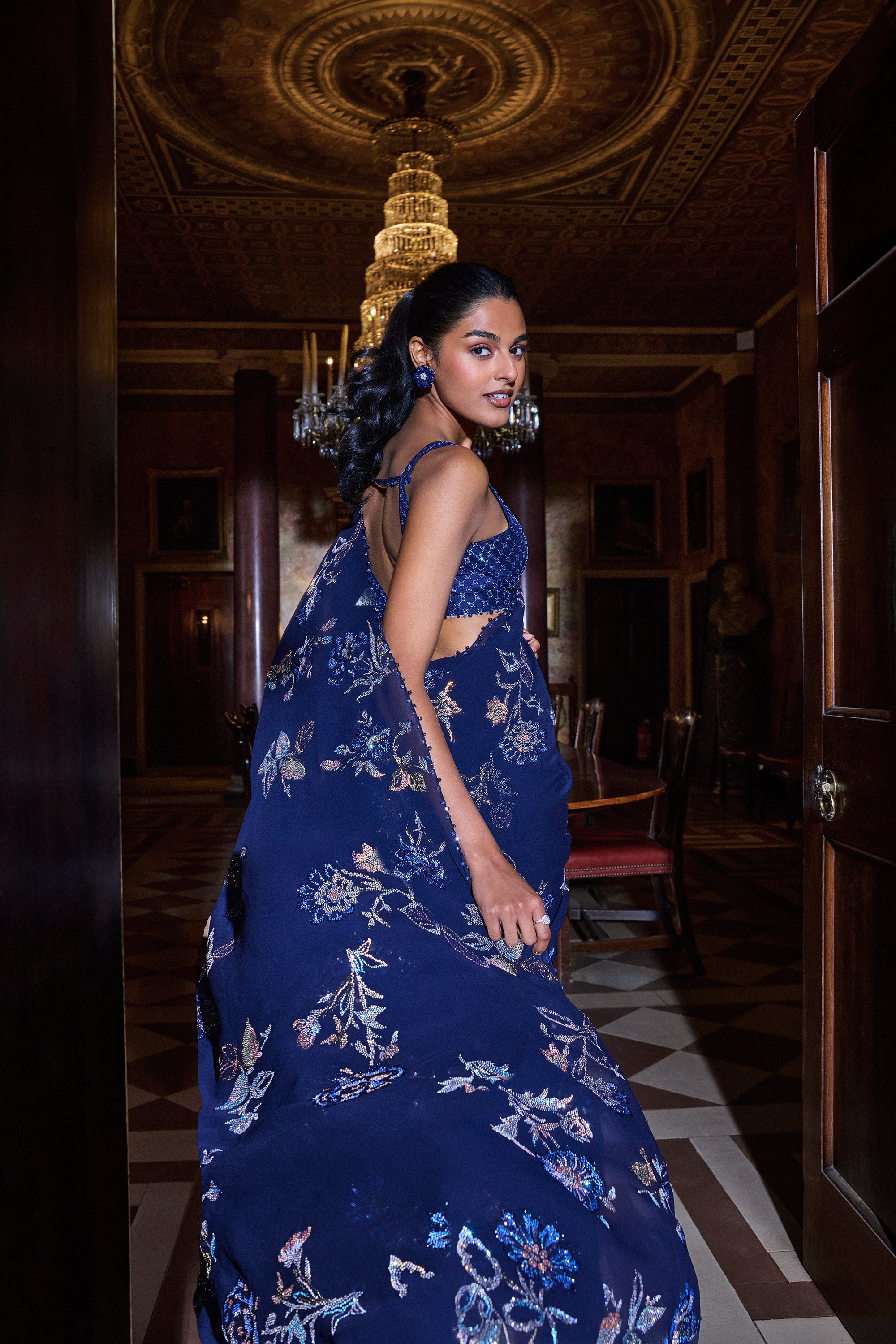 Navy Blue Floral Crystal Saree