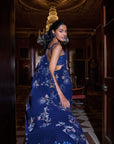Navy Blue Floral Crystal Saree