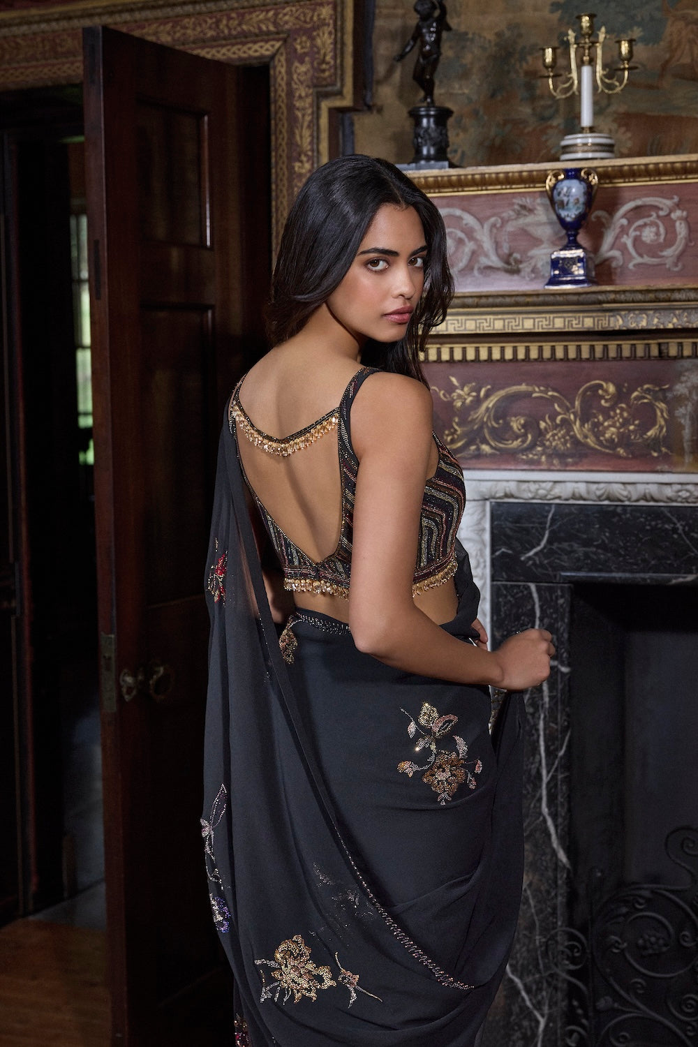 Black Crystal Georgette Saree