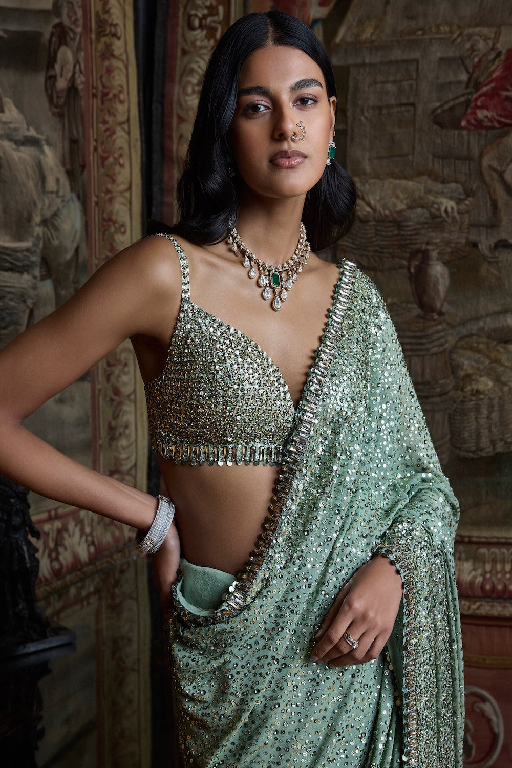 Moss Green Sequin Saree