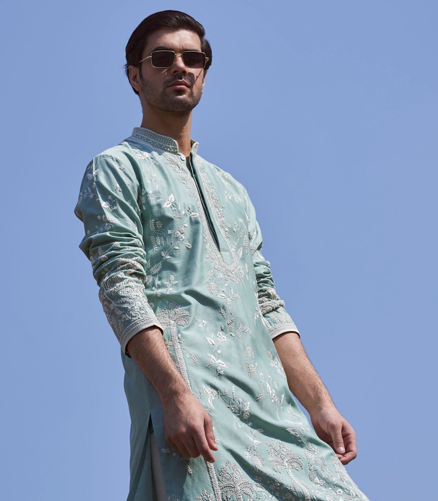 Mint Green Chanderi Long Palm Tree Kurta Set