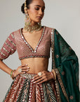 Cranberry Multicolor Linear Flower Lehenga Set With Jade Green Dupatta