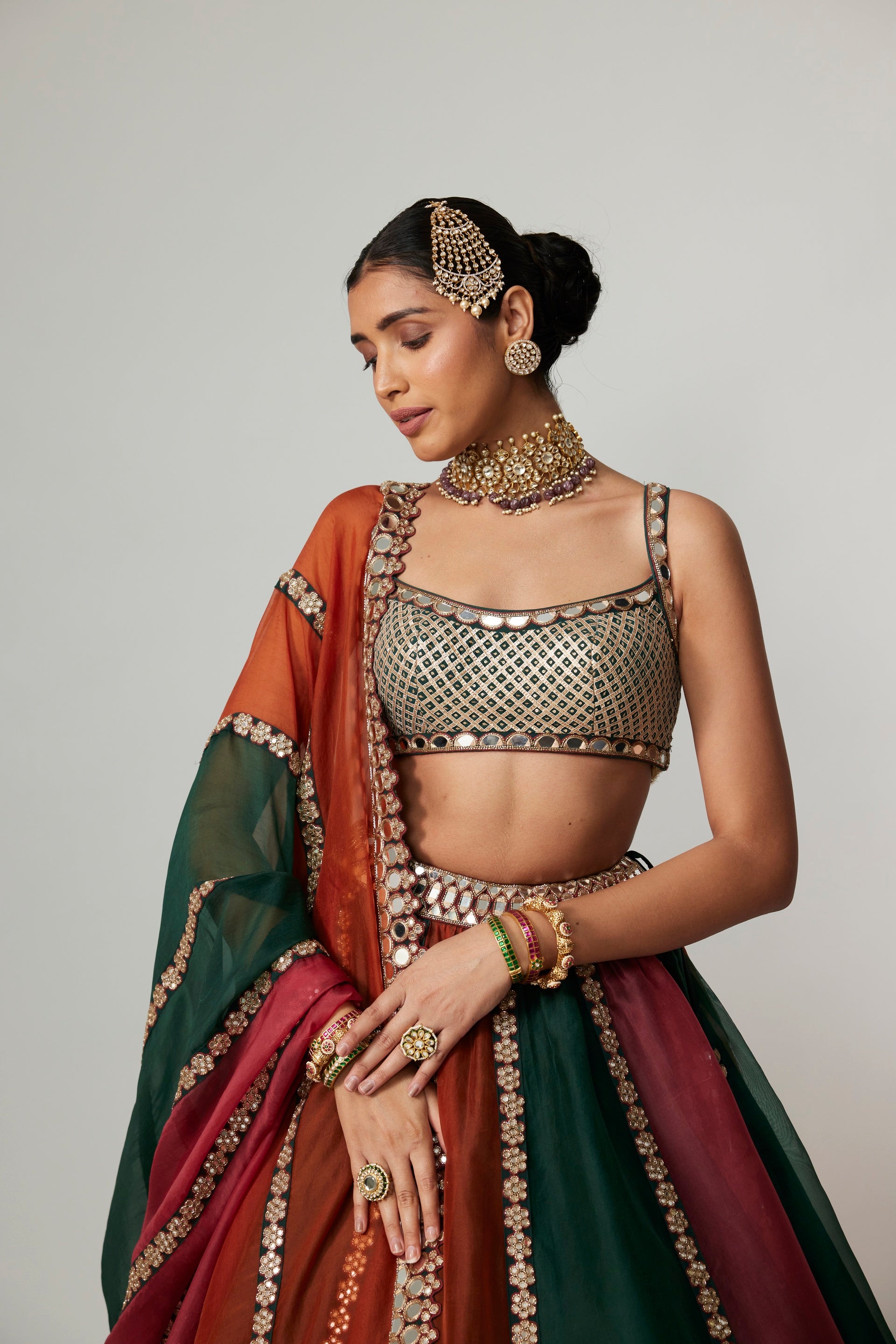 Cranberry Multicolor Linear Lehenga With Square Neck Blouse