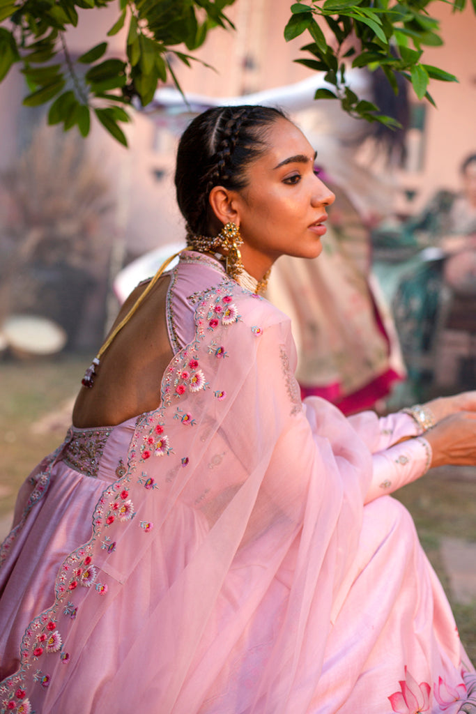 Old Rose Silk Chanderi Lotus Printed Anarkali Set