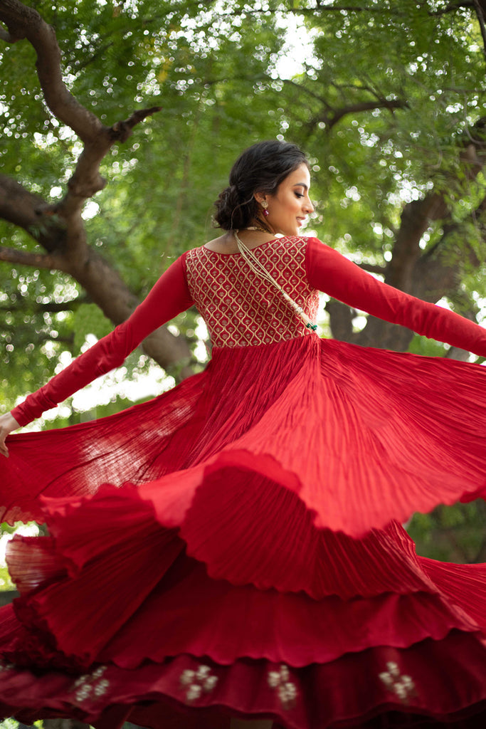 Crimson Red Cotton Gota Embroidered Anarkali Set