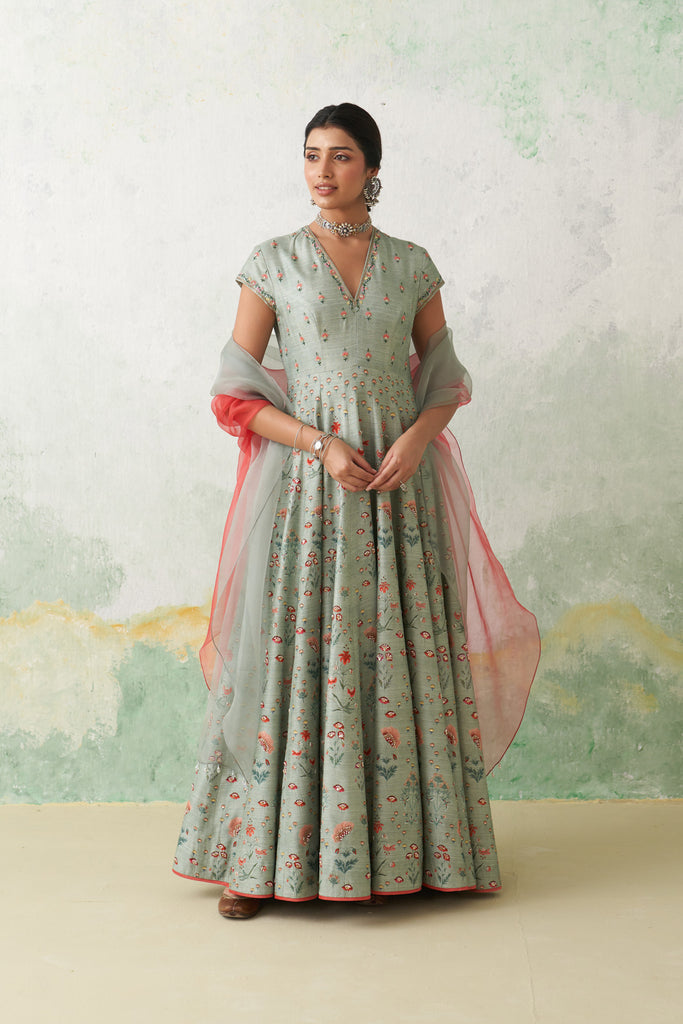 Aqua Dupion Printed &amp; Emb. Anarkali Set
