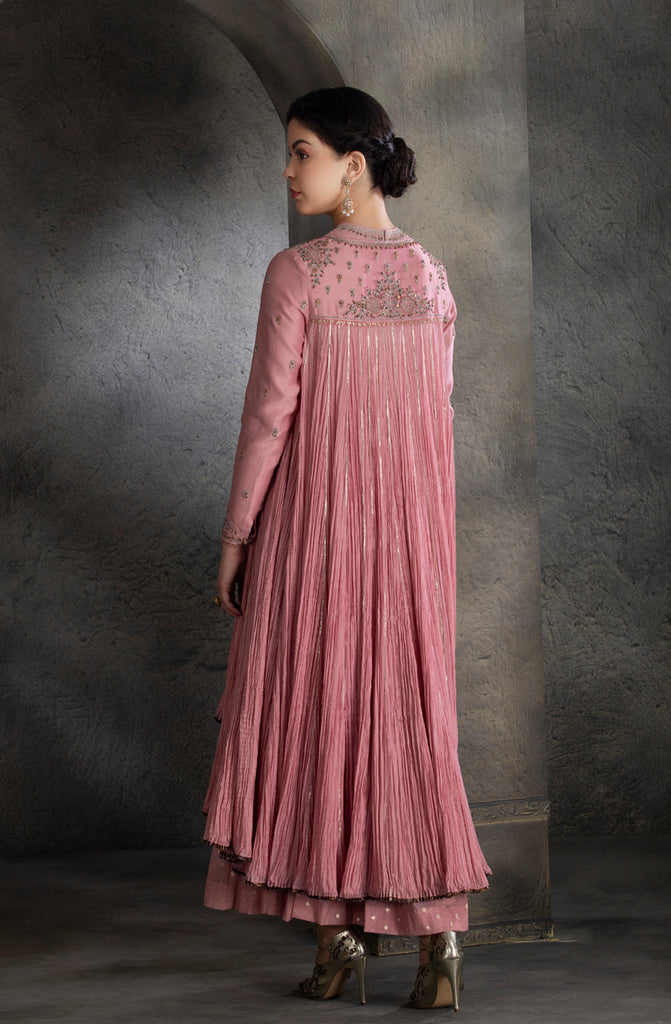 Dusty Pink Chanderi &amp; Cotton Floral Embroidered Angrakha Set