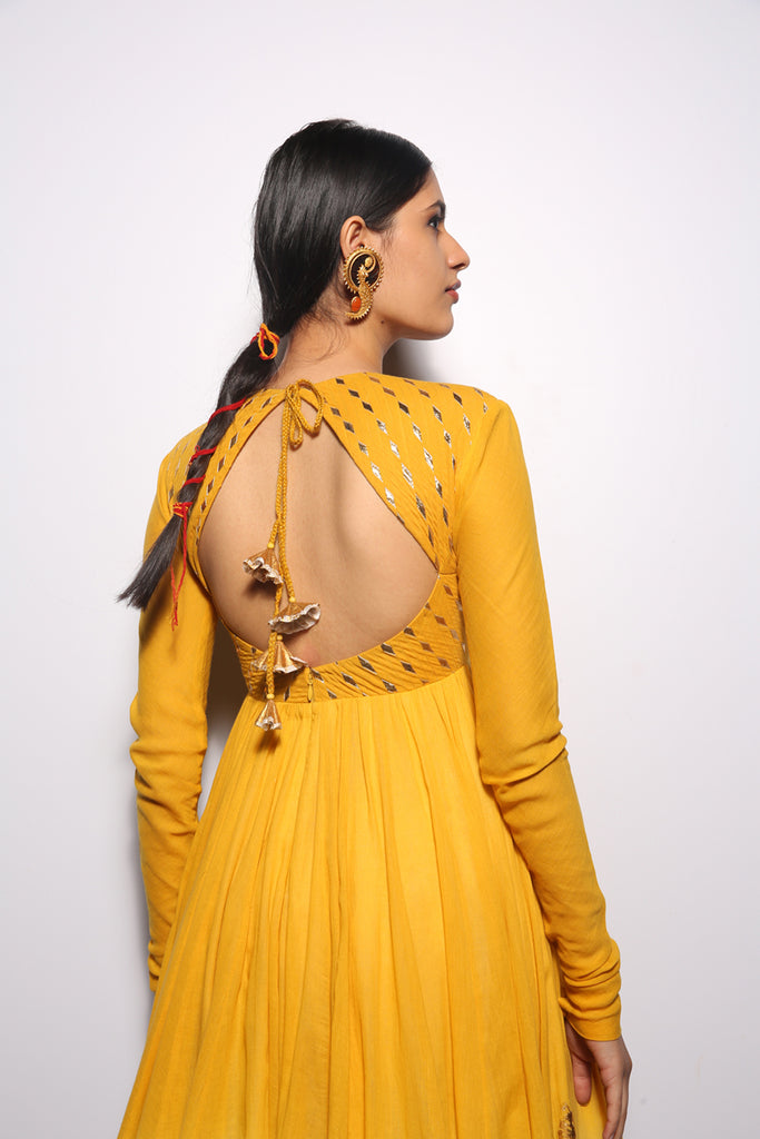 Turmeric &amp; Ivory Khadi Embroidered &amp; Foil Printed Angrakha Set