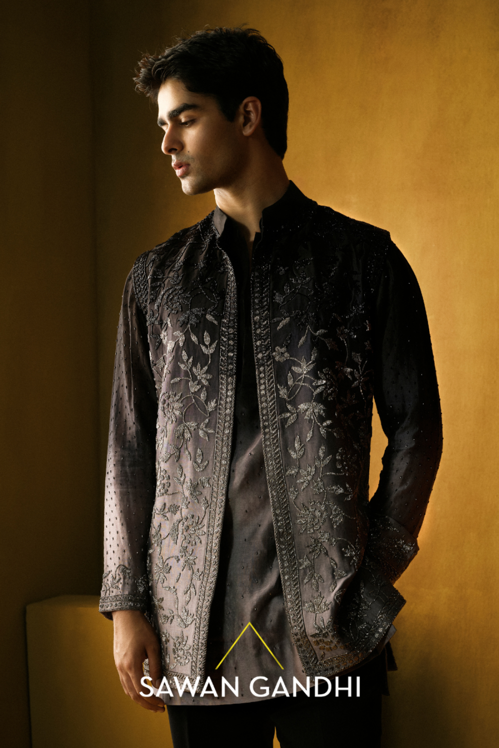 Black To Grey Cutdana Detailed Nehru