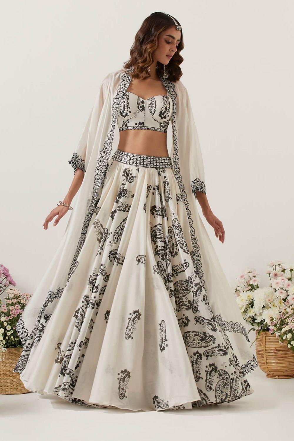 Ivory Printed Skirt Paired With Bralette &amp; Cape