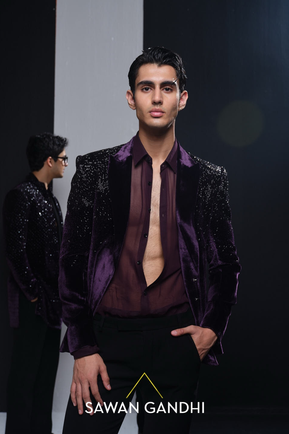 Wine Cutdana Velvet Jacket