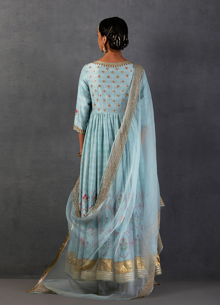 Aqua Silk Chanderi Printed &amp; Embroidered Angrakha Style Anarkali Set