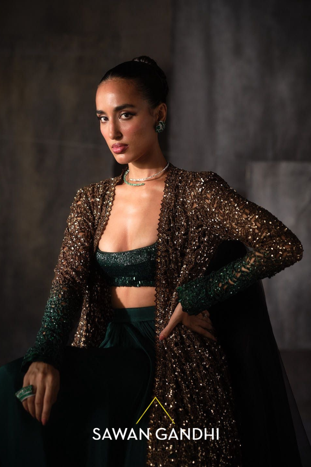 Gold To Green Cutwork Cape Set