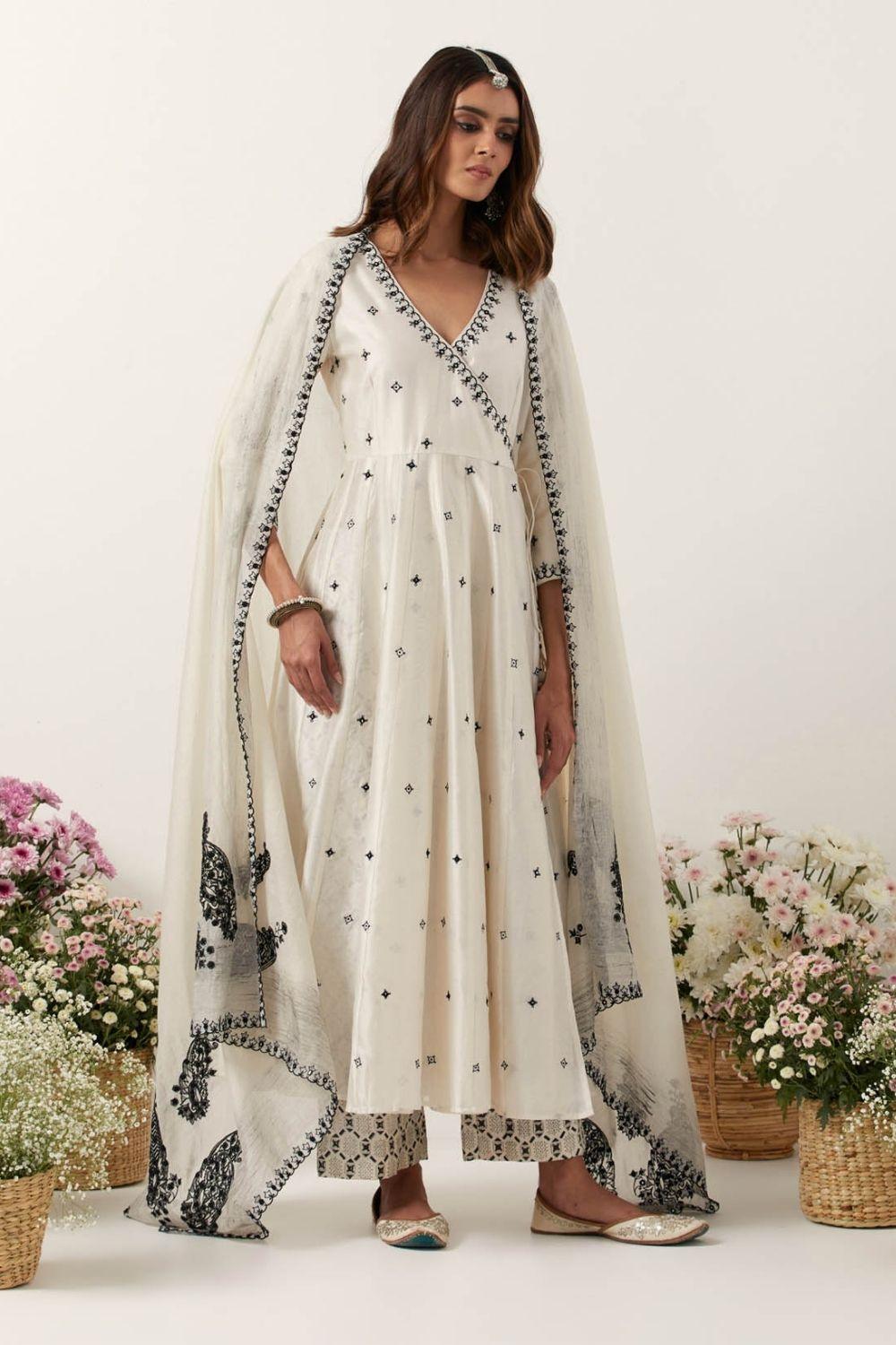 Ivory Mirror &amp; Resham Embroidered Angrakha With Dupatta &amp; Pants