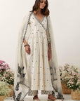 Ivory Mirror & Resham Embroidered Angrakha With Dupatta & Pants