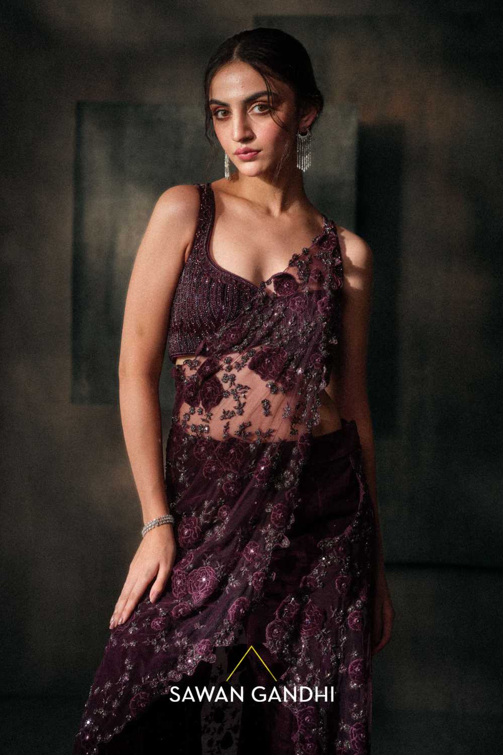Wine Sharara Saree