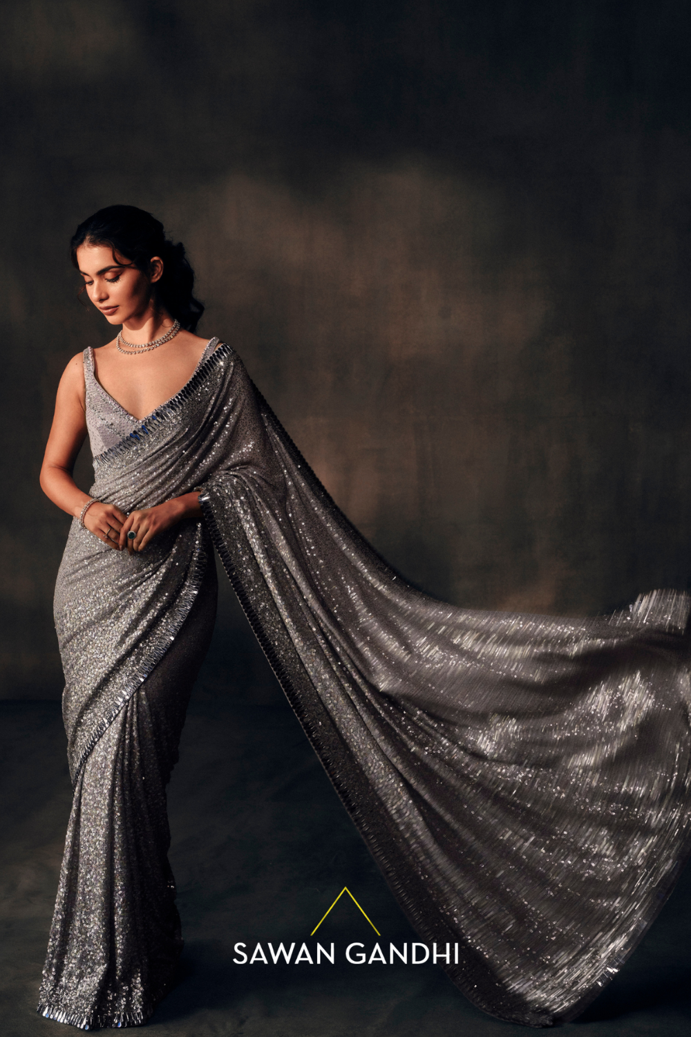 Grey Heavy Sequins Saree