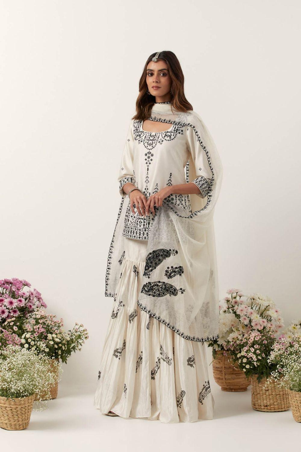 Ivory Mirror &amp; Resham Embroidered Kurti Paired With Gharara &amp; Dupatta