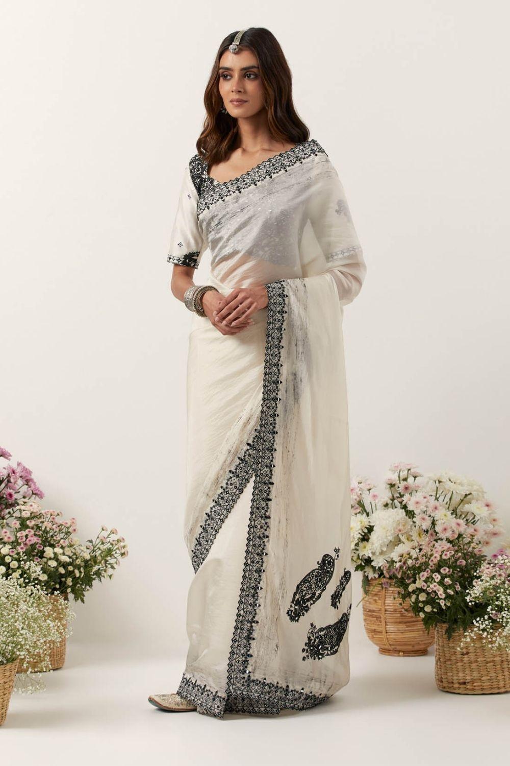 Ivory Printed Resham &amp; Mirror Work Saree Set