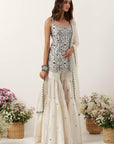 Ivory Strappy Short Kurti Paired With Gharara & Dupatta