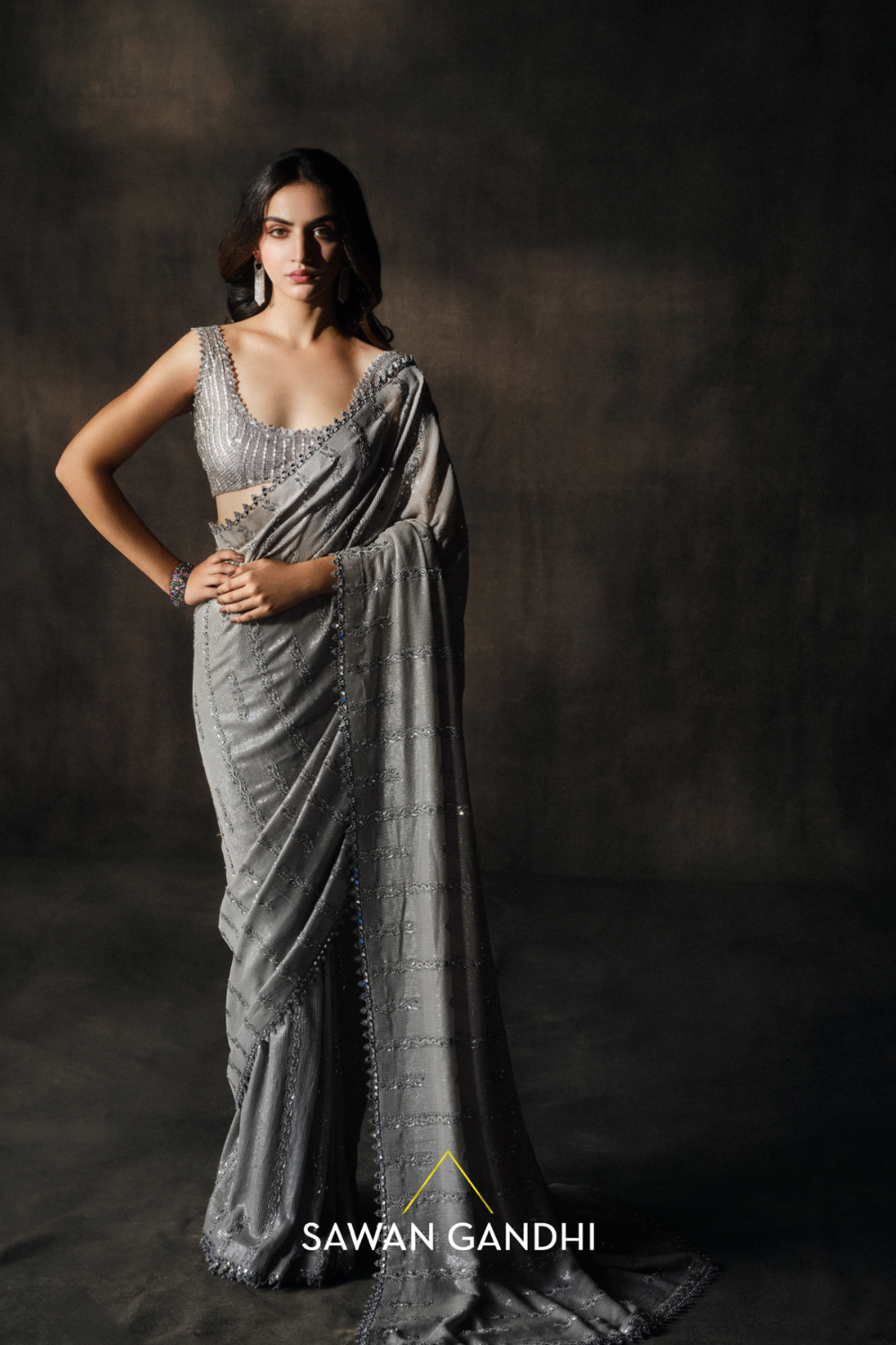 Steel Grey Sequins Line Saree