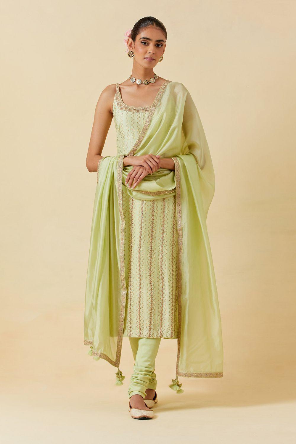 Mint Printed Kurta With Dupatta &amp; Churidar