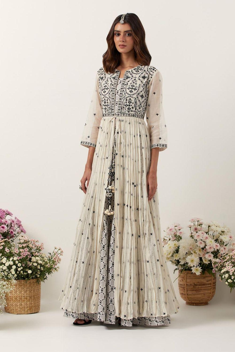 Ivory Resham &amp; Mirror Work Front Open Anarkali Set