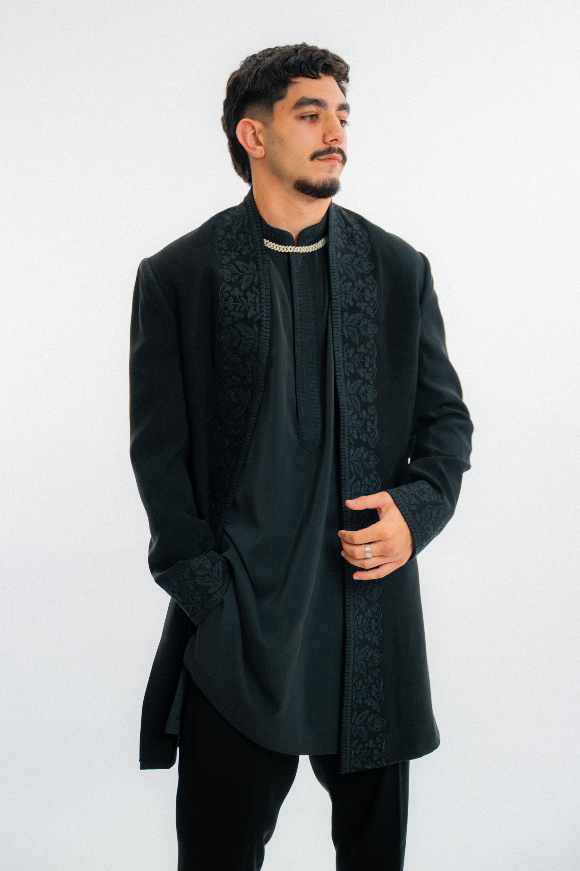 Black Thread Work Open Jacket Set - Ready to Ship