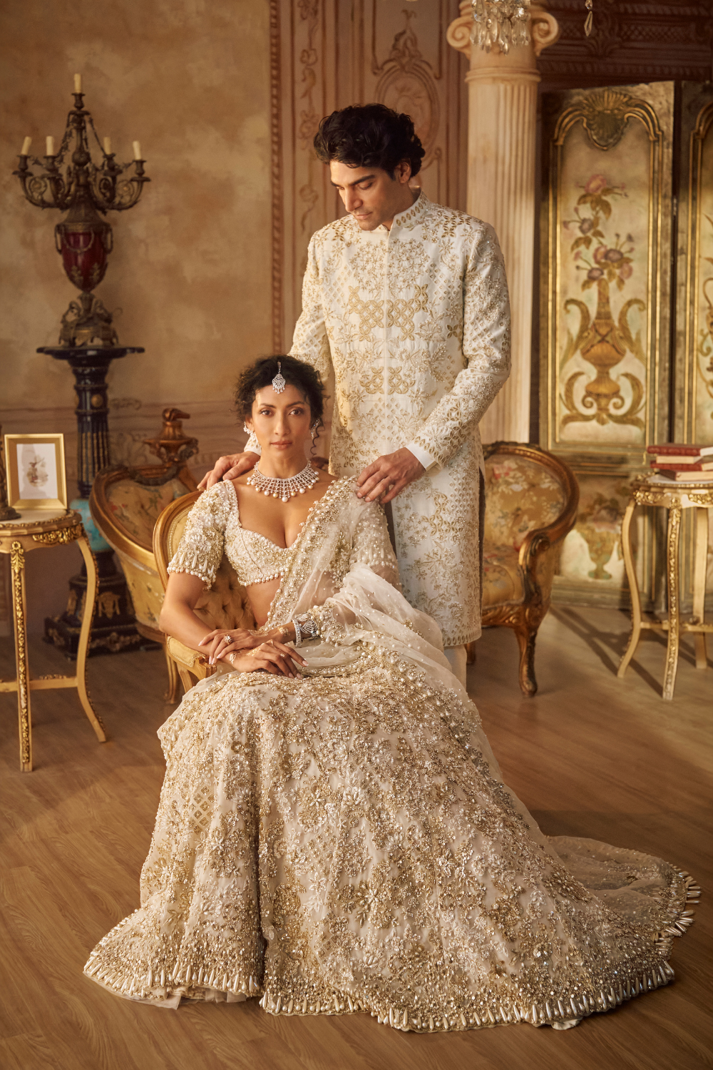 Sunny's Bridal - Seema Gujral - Ivory Gold Lehenga Saree Set Sunny's Bridal - Seema Gujral - Ivory Gold Lehenga Saree Set