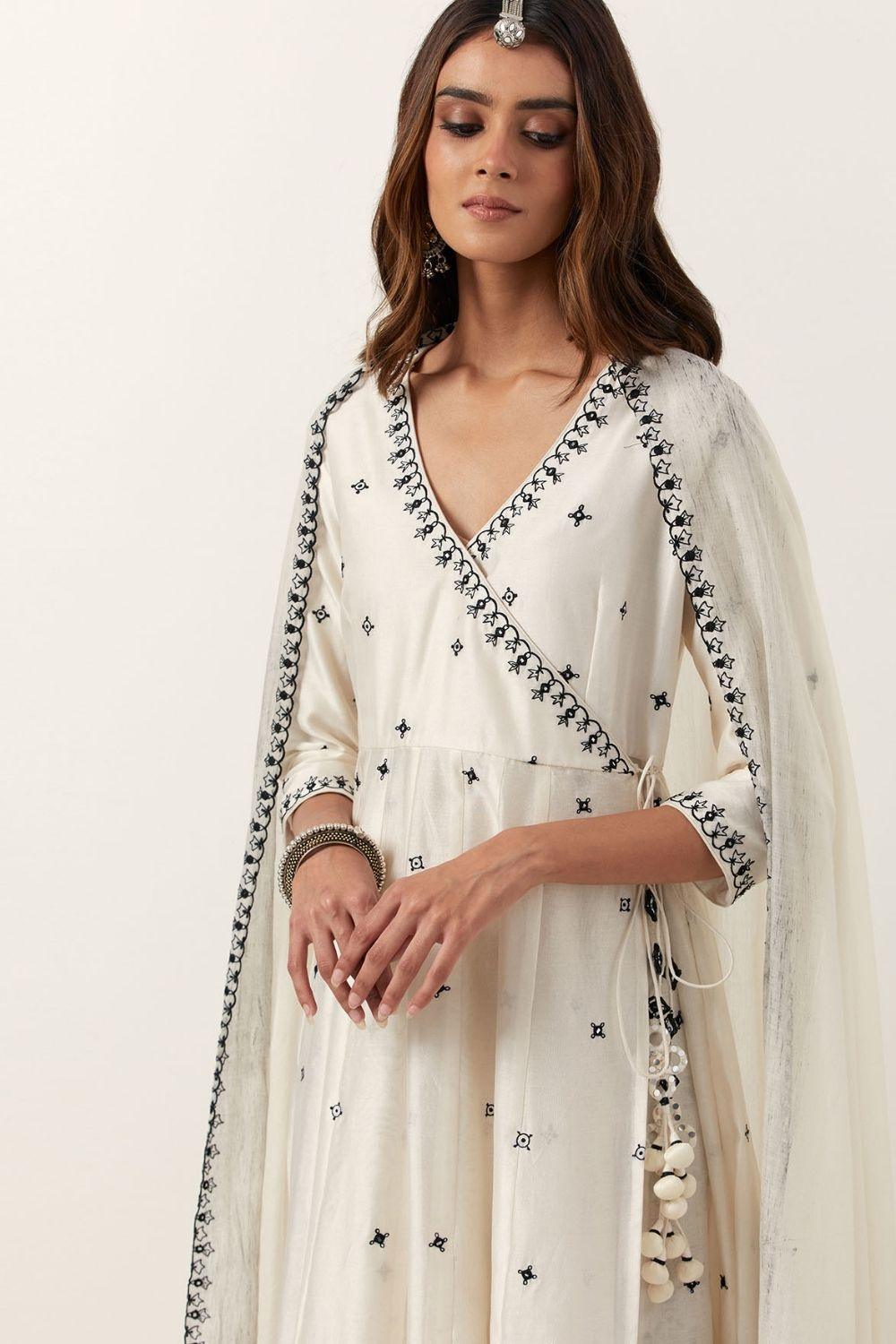 Ivory Mirror &amp; Resham Embroidered Angrakha With Dupatta &amp; Pants