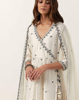 Ivory Mirror & Resham Embroidered Angrakha With Dupatta & Pants
