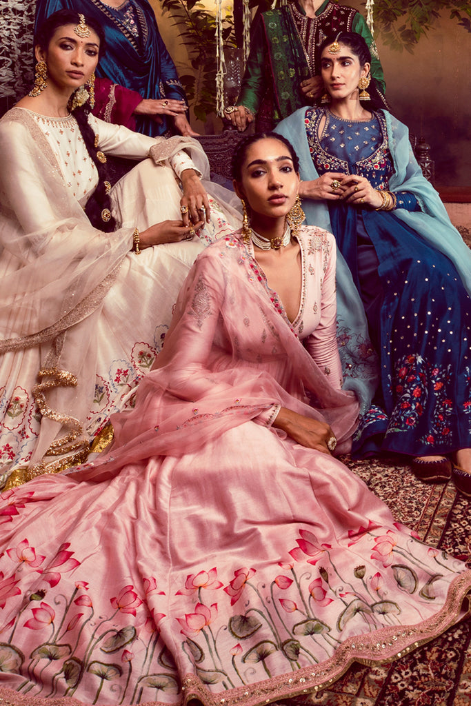 Old Rose Silk Chanderi Lotus Printed Anarkali Set