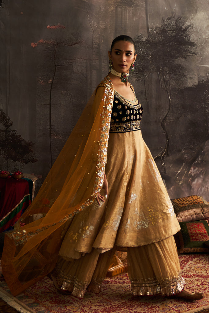 Yellow Silk Embroidered Anarkali Set
