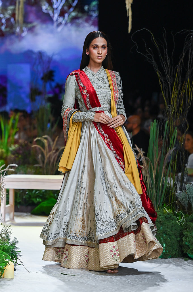 Grey Tussar Printed Angrakha Set