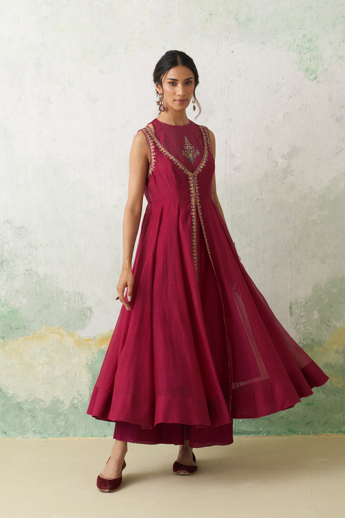 Hot Pink Chanderi Kashmiri Emb. Anarkali Set